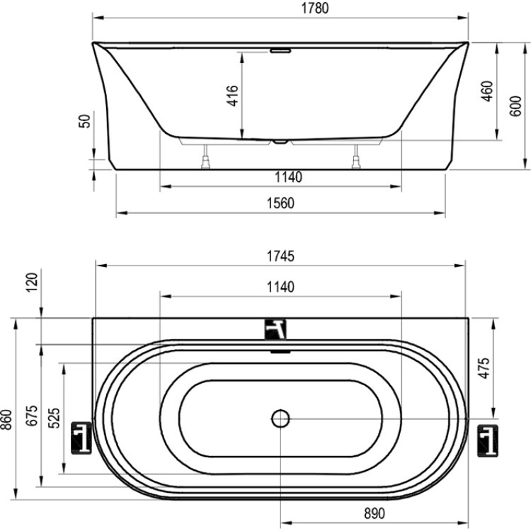 Brīvi stāvoša vanna Ravak YPSILON Wall 178x86 cm, melna/balta