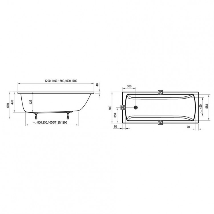 Taisnstūra vanna RAVAK CLASSIC II 150x70, CC31000000