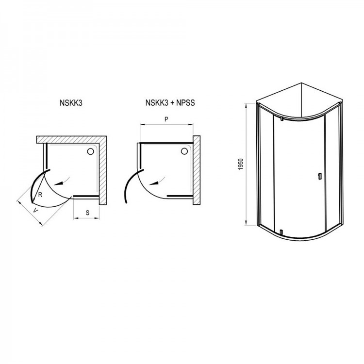Dušas stūris pusapaļš RAVAK NEXTY NSKK3 100x100cm, melns