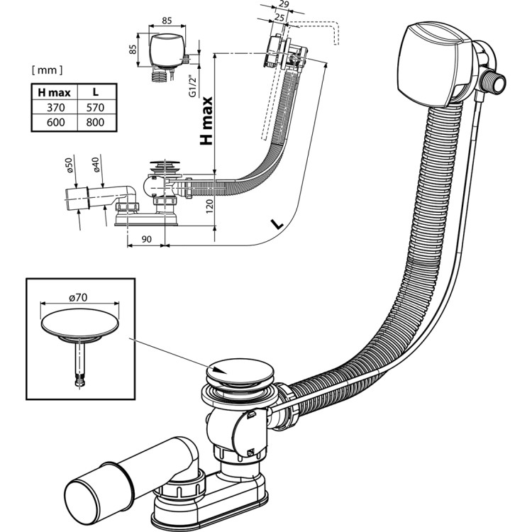 Vannas sifons ar pārplūdi un ieplūdes sistēmu Ravak 800 B, X01504