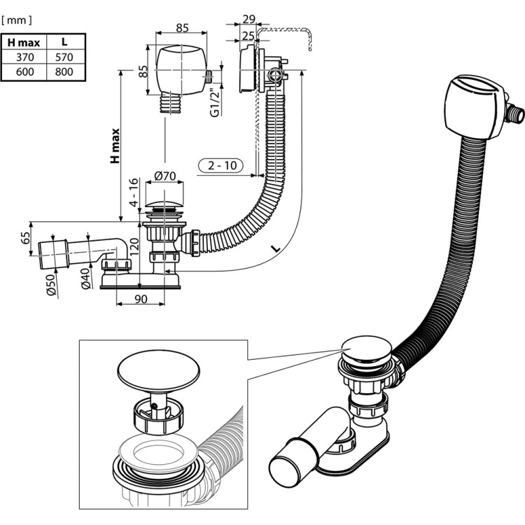 Vannas sifons ar pārplūdi un ieplūdes sistēmu Ravak Click-Clack 800 C, X01505