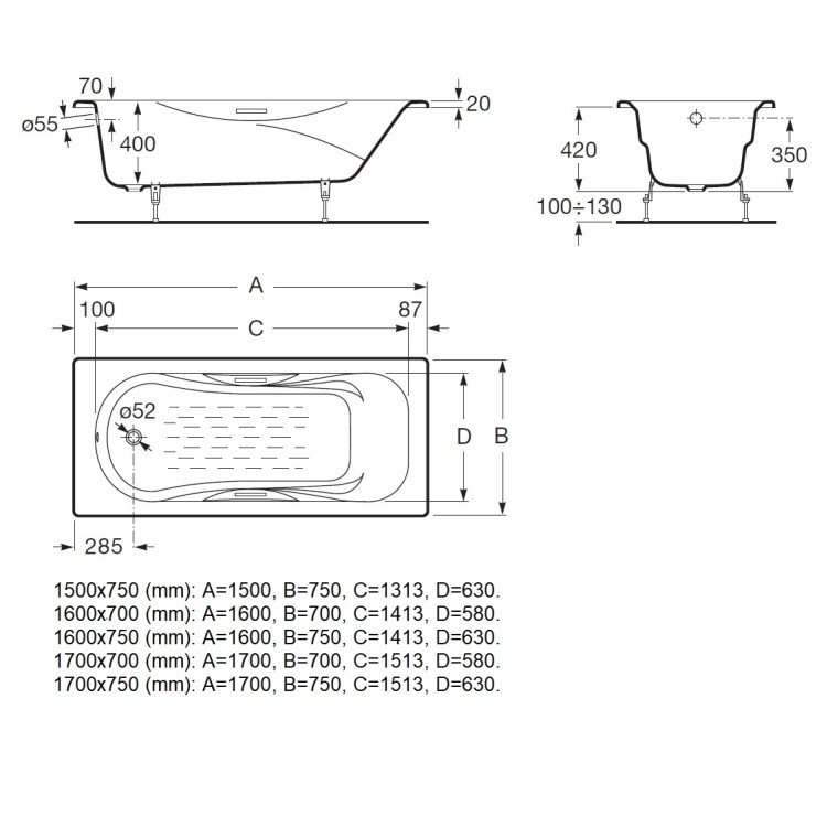 Taisnstūra čuguna vanna Roca Malibu 160x70 cm, balta