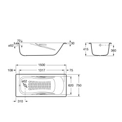Taisnstūra tērauda vanna Roca Princess 1500x750 mm ar rokturiem, balta