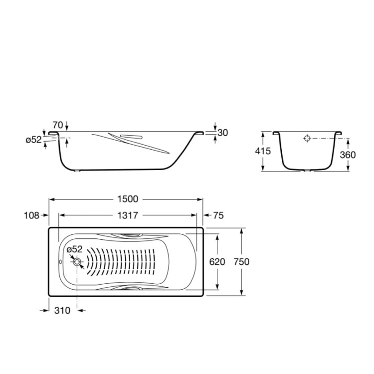 Taisnstūra tērauda vanna Roca Princess 1500x750 mm ar rokturiem, balta