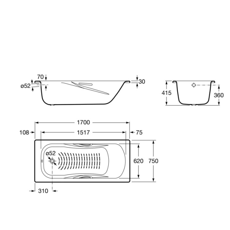 Taisnstūra tērauda vanna Roca Princess 1700x750 mm ar rokturiem, balta