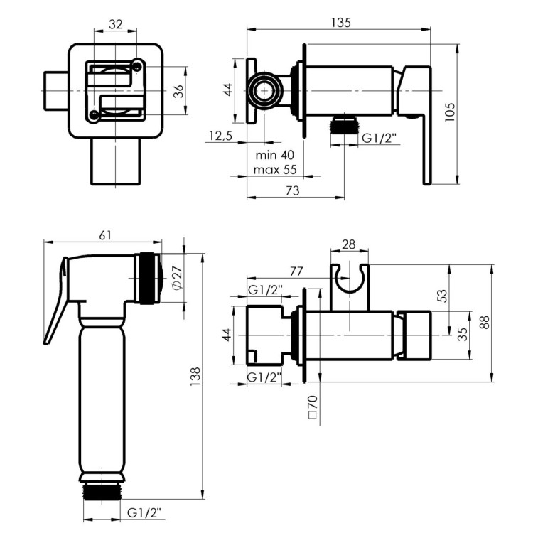 Iebuvējams maisītājs ar bidetta dušu Rubineta MODENA, hroms