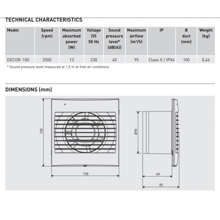 Sadzīves ventilators S&P DECOR 100CHZ, mitruma sensors