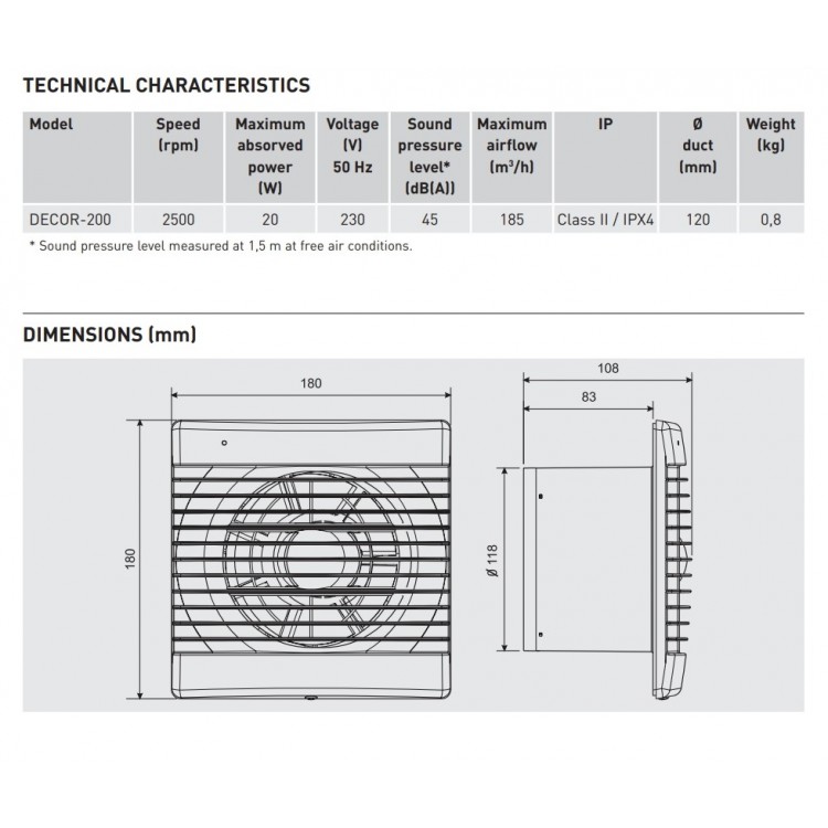 Sadzīves ventilators S&P DECOR 100CRZ, reg.laika aizture