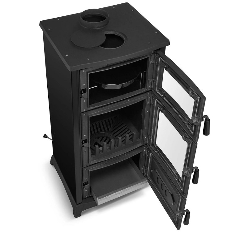 Čuguna malkas apkures plīts ar cepeškrāsni ALFA 901 6.2 kW, melna