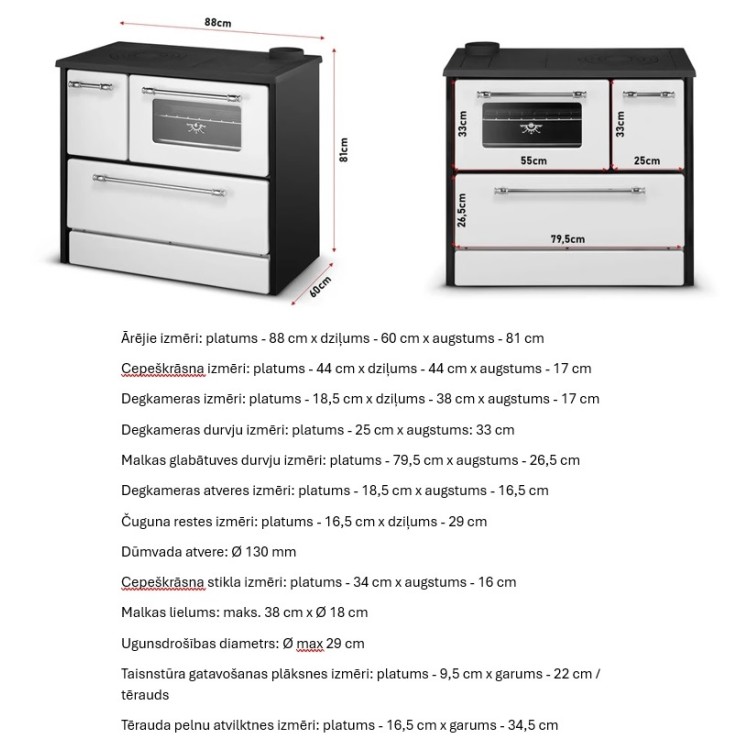 Čuguna malkas apkures plīts ar cepeškrāsni OMEGA 9 kW R, balta