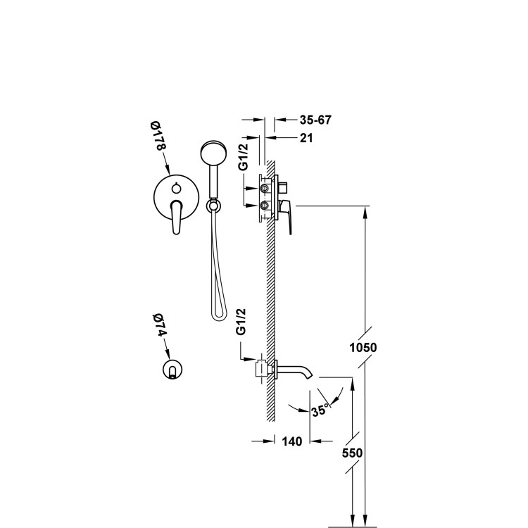 Vannas/dušas sistēma TRES FLAT ar stacionāro un rokas dušu Rapid-Box, 20428006
