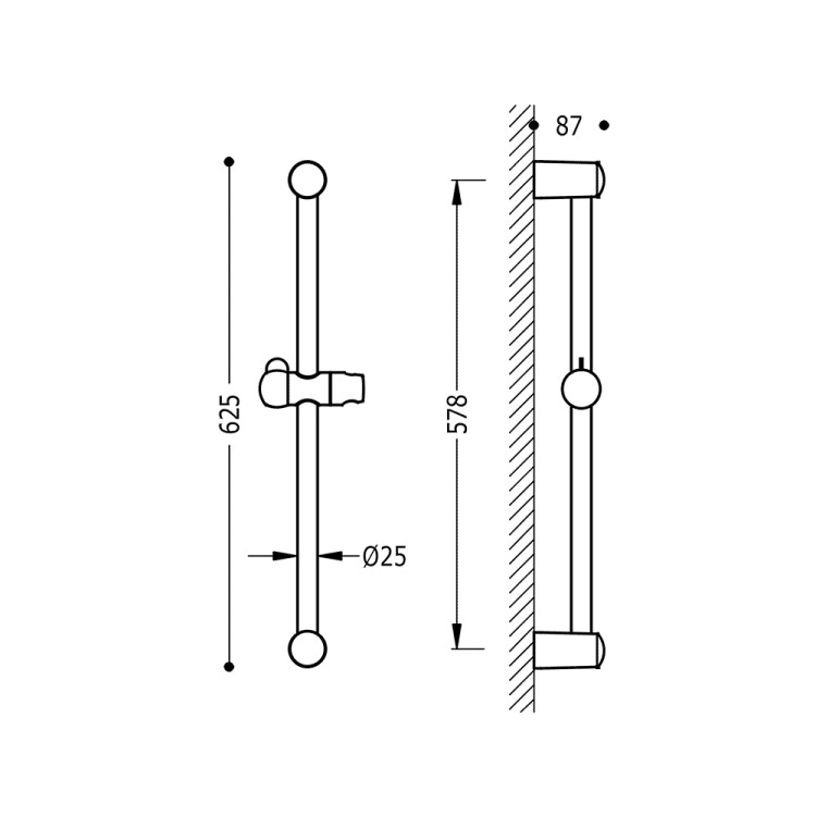 Dušas stienis TRES 578mm, Ø 25 mm, 134835