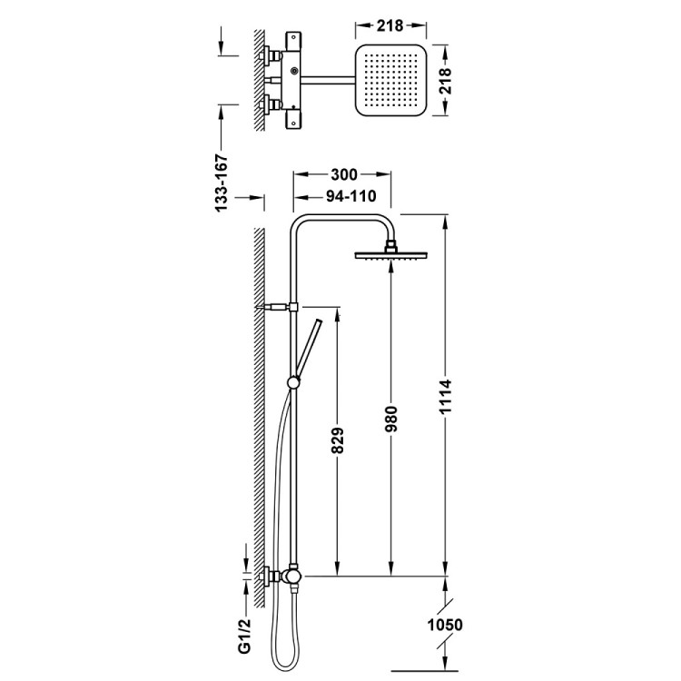 Termostata dušas sistēma TRES OVER-WALL ar stacionāro un rokas dušu, 19039318