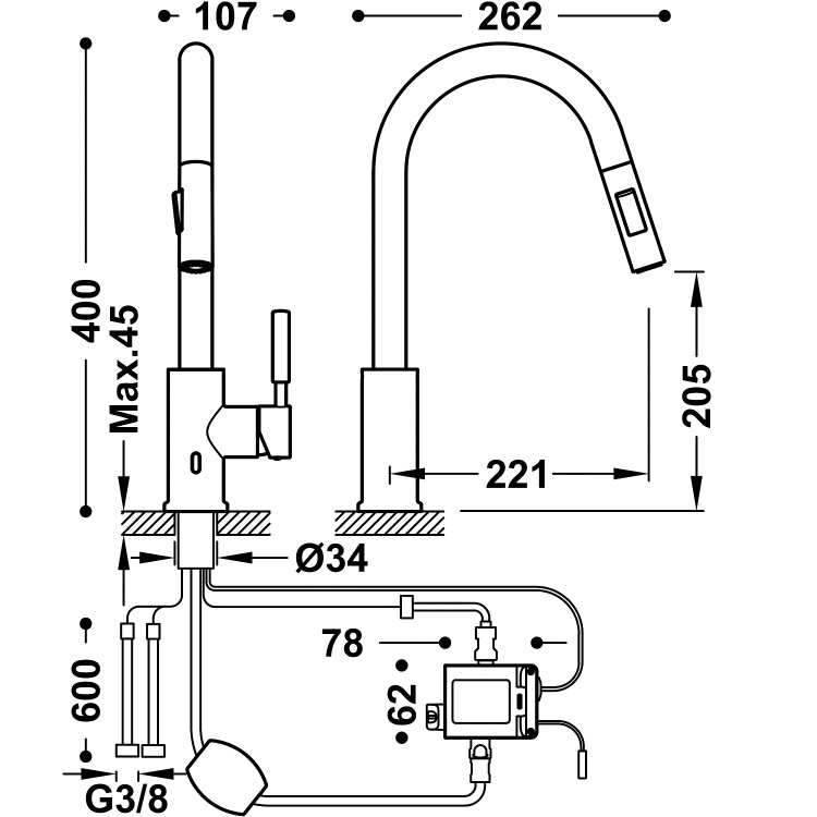 Virtuves izlietnes maisītājs elektroniskais ar izvelkamu izteku TRES Elektronisks 2 režīmi, 09244501AC