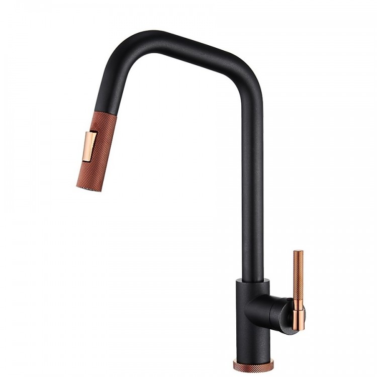 Virtuves izlietnes maisītājs granīta ar izvelkamu izteku Turtl MATENO, melna metālika/varš