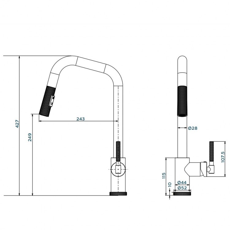 Virtuves izlietnes maisītājs granīta ar izvelkamu izteku Helika MATENO, melna metālika