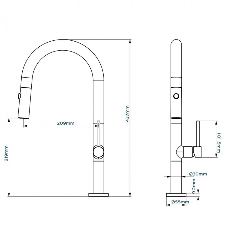 Virtuves izlietnes maisītājs granīta ar izvelkamu izteku Turtl MOJOSA, melna metālika/varš
