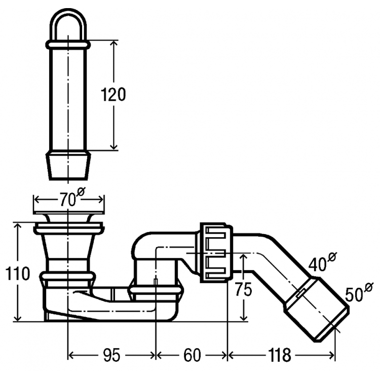 Dušas sifons ar pārplūdi VIEGA Varioplex, 40/50x70x120