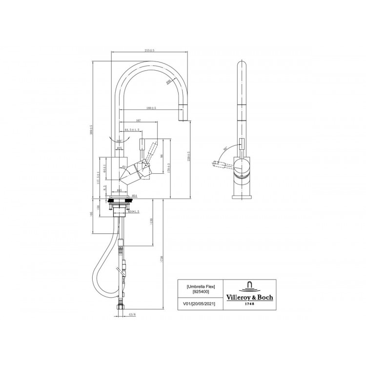 Virtuves izlietnes maisītājs ar izvelkamu izteku Villeroy&Boch Umbrella Flex, 92540003
