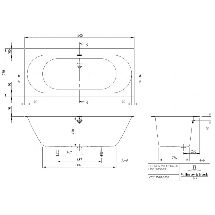 Taisnstūra vanna Villeroy & Boch Oberon 2.0 Duo 170x75 cm, ar kājām un sifonu