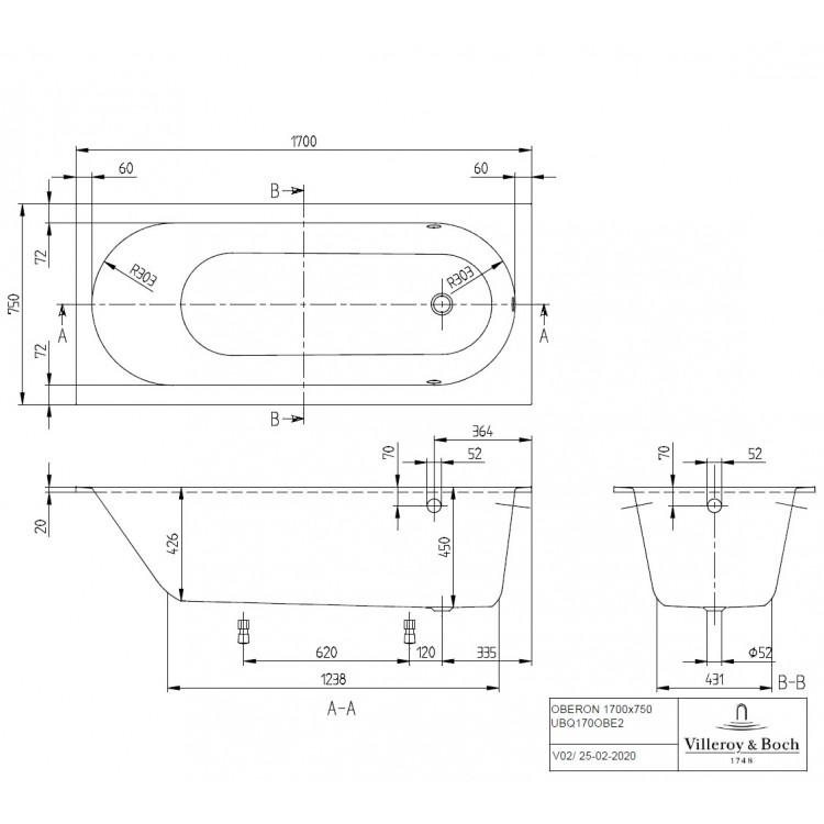 Taisnstūra vanna Villeroy & Boch Oberon Solo 170x75 cm, ar kājām