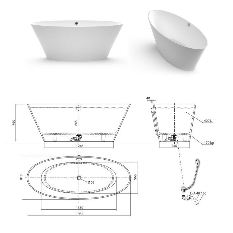 Brīvi stāvoša vanna Aura BEIRA 1 194x81 cm