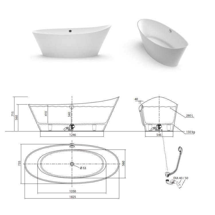 Brīvi stāvoša vanna Aura CLEONE 183 x 74 cm