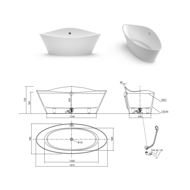 Brīvi stāvoša vanna Aura IRIS 181 x 78 cm