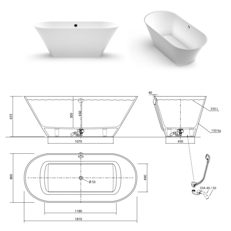 Brīvi stāvoša vanna Aura ORNEA 1 181x80 cm