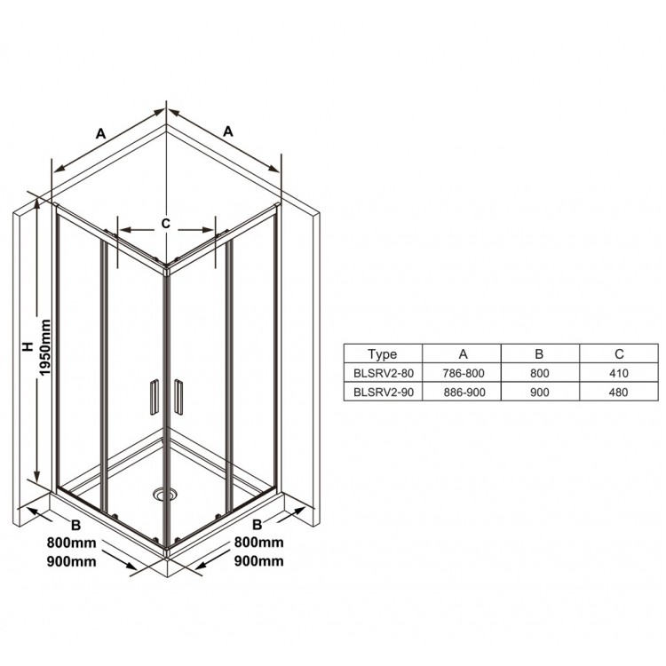 Dušas stūris kvadrātveida RAVAK BLSRV2 90x90 cm, melns