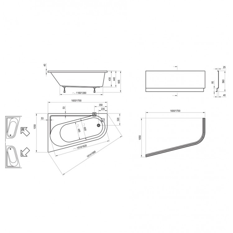 Stūra vanna Ravak CHROME 170x105 R