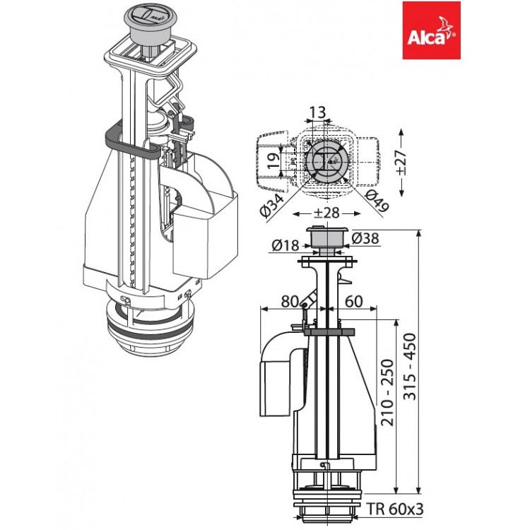 Tualetes poda noplūdes mehānisms Alcaplast A08A 3/6L