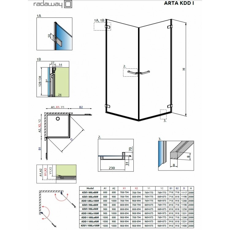 Dušas stūris kvadrātveida Radaway Arta KDD I 100x100cm