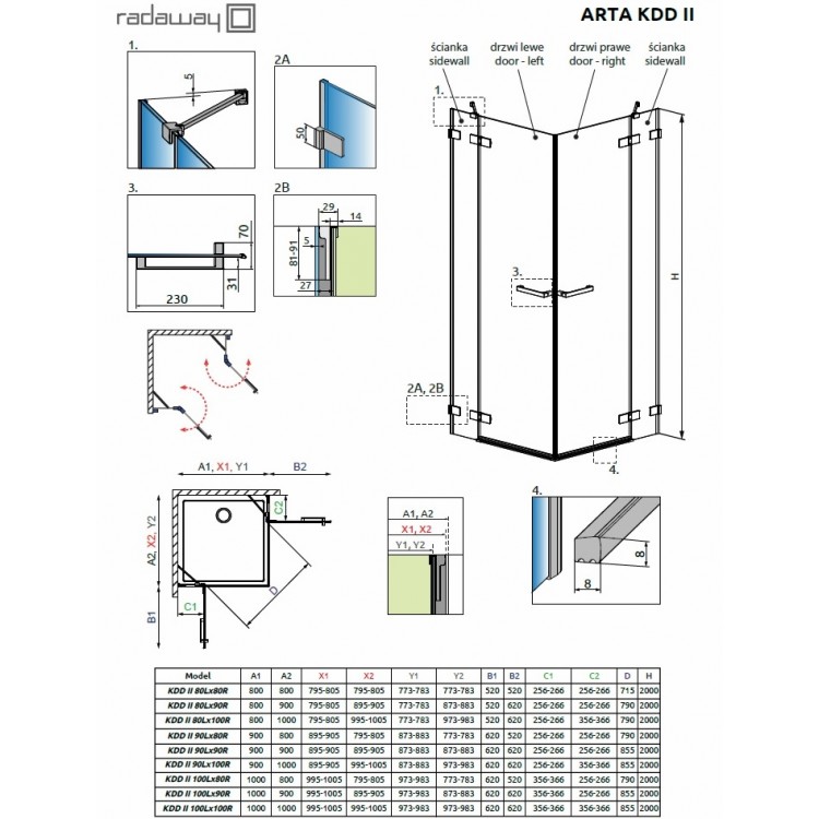 Dušas stūris kvadrātveida Radaway Arta KDD II 90x90cm