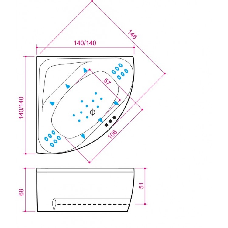 Stūra vanna Balteco Linea, 140x140cm