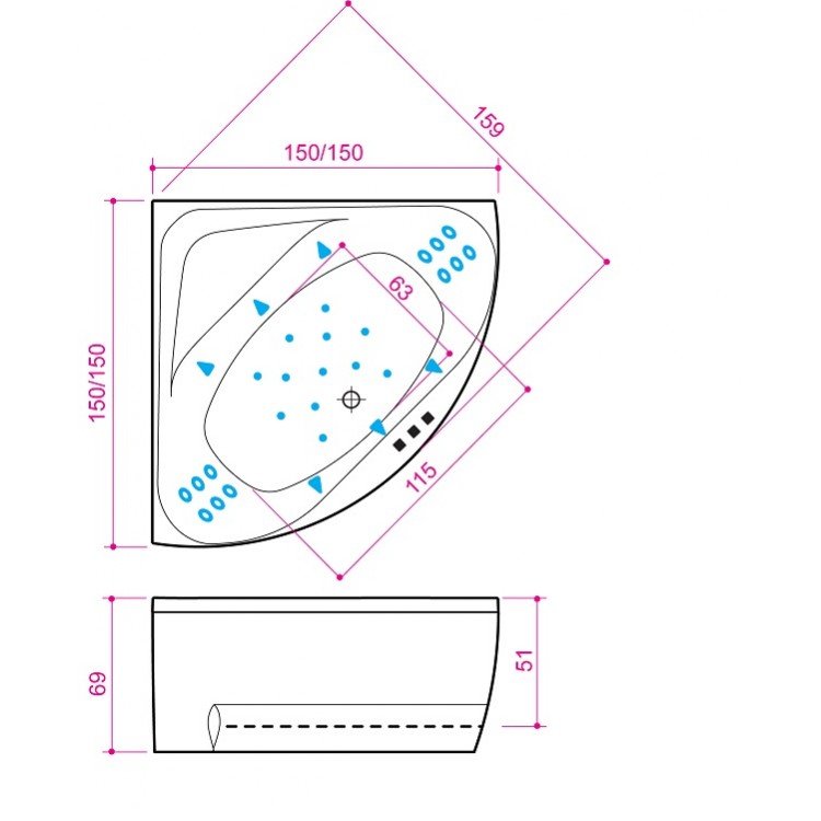 Stūra vanna Balteco Linea, 150x150cm