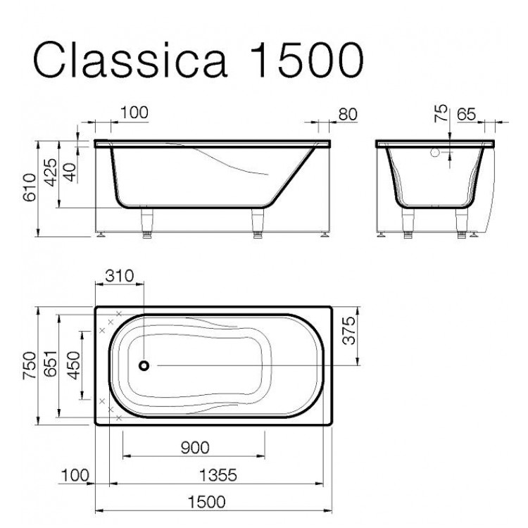 Taisnstūra vanna Vispool CLASSICA ar priekšējo paneli 150x75cm