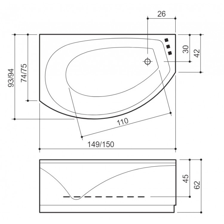 Stūra vanna Balteco Christina 15, 150x94cm