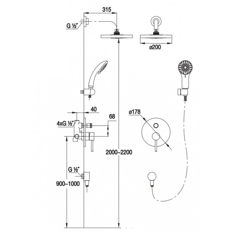 Dušas sistēma iebūvējamā Blue Water Denver, DEN-ZKP.150C