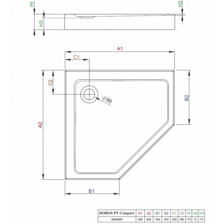 Dušas paliktnis piecstūru Radaway Doros PT Compact 90x90, balts akmens