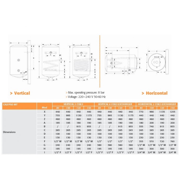 Kombinētais ūdens sildītājs (boileris) Ferroli Calypso MT2 150L, horizontāls