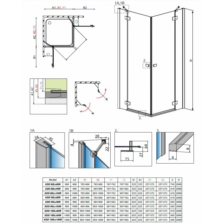 Dušas stūris taisnstūra Radaway Fuenta New KDD 100x90 cm