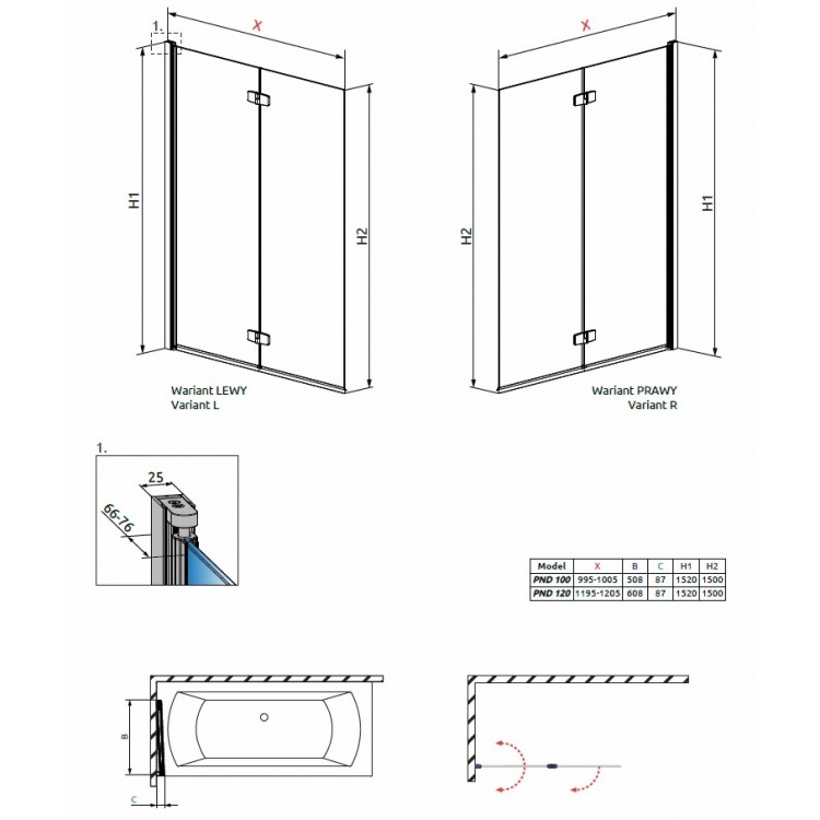 Vannas sieniņa Radaway Funta New PND 120 cm