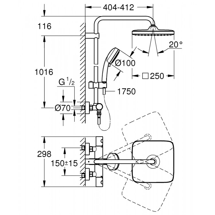 Termostata dušas sistēma Grohe Tempesta Cosmo Cube 250, 26689000