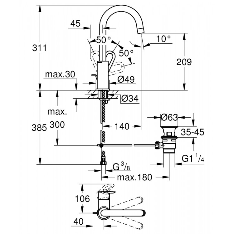 Izlietnes maisītājs paaugstināts Grohe BauLoop, 23763000