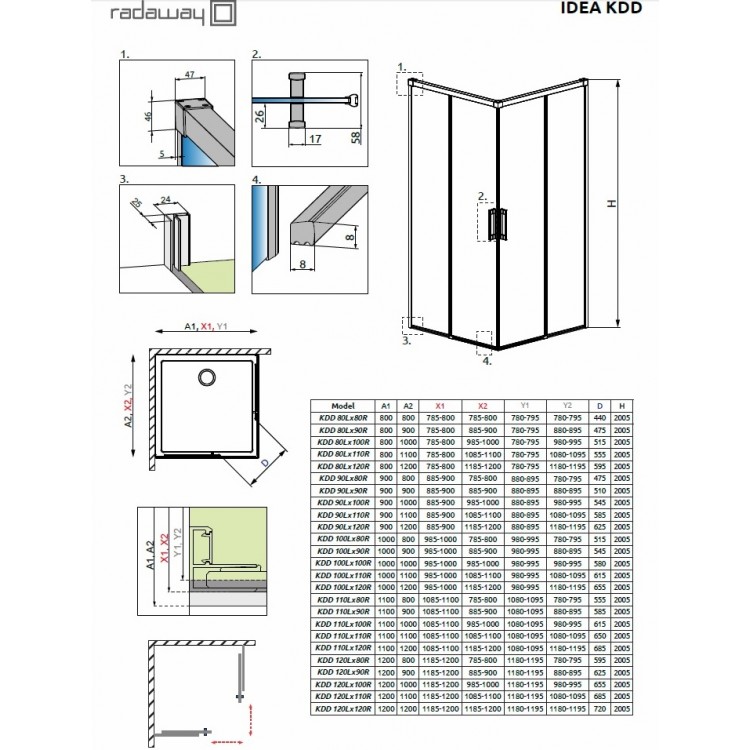Dušas stūris kvadrātveida Radaway Idea KDD 110x110cm