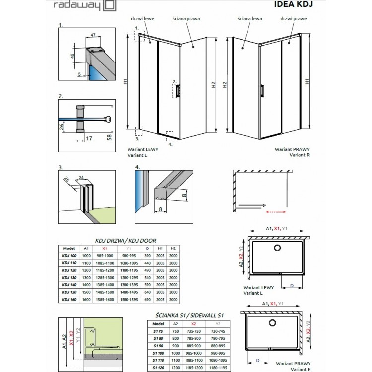 Dušas stūris taisnstūra Radaway Idea KDJ White 120x90cm, 120L/90R
