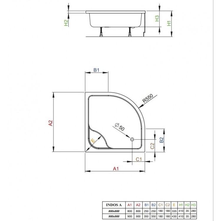 Dušas paliktnis dziļais Radaway INDOS A 900x900, balts
