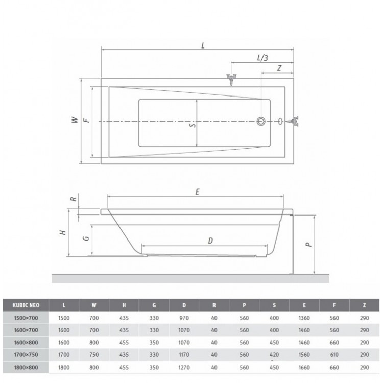 Taisnstūra vanna Roth KUBIC NEO 170x75 cm
