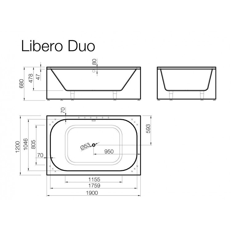 Taisnstūra vanna Vispool LIBERO DUO 190x120cm